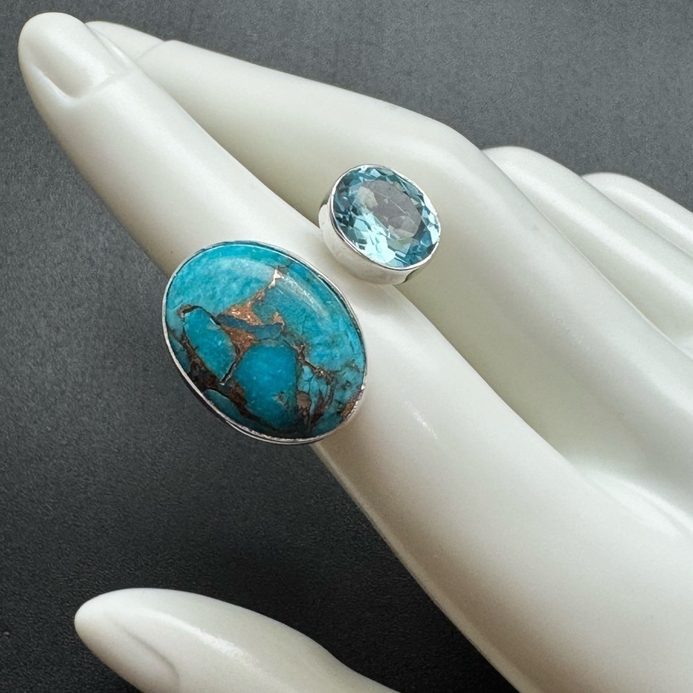 New Genuine, blue, copper, turquoise, and sterling silver‎ ring with topaz stone